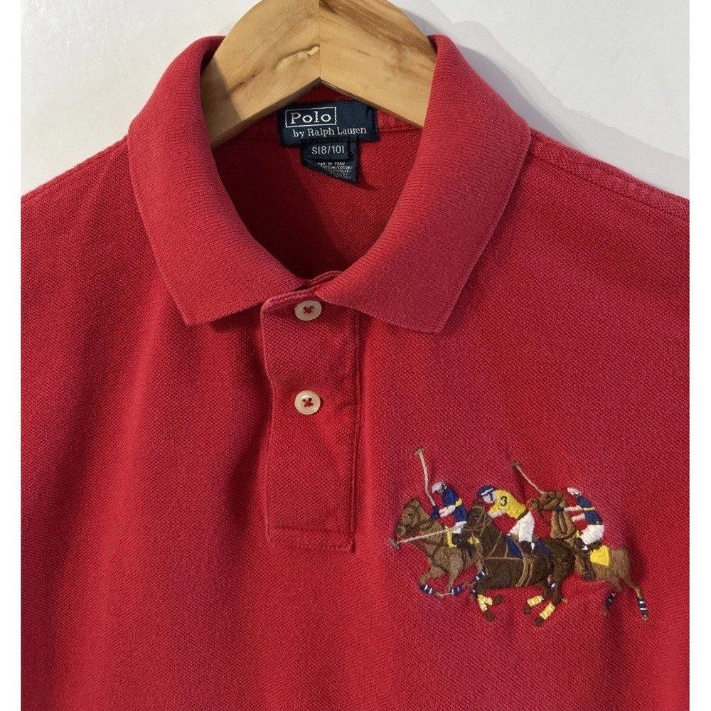 Boys Vintage Polo Ralph Lauren Red Triple-Pony Embroidered #3 Polo Shirt Sz 8-10
